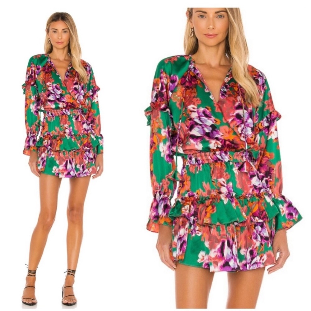 Misa Los Angeles Green Floral Ruffle Mini Dress